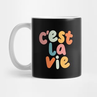 C'est La Vie in Black Peach Fuzz Pink Apricot Yellow Blue and Orange Mug